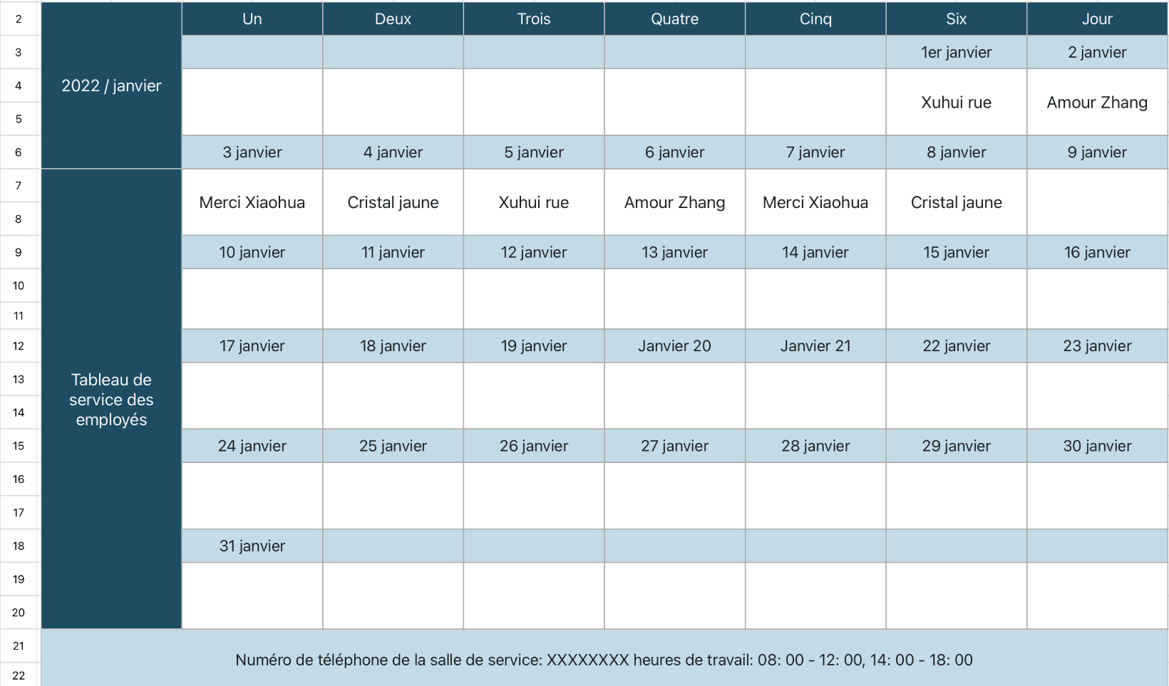 Tableau de service des employés 1